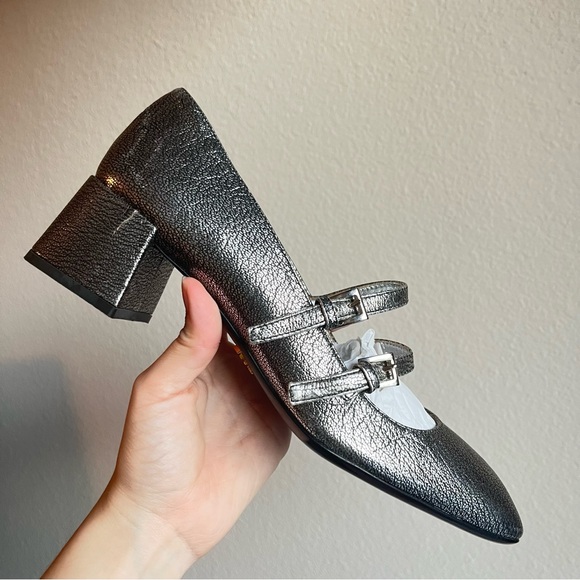 NWT | PRADA Silver Mary Jane Heels Square Toe Madras Fume Argentina 38.5 - Picture 8 of 9